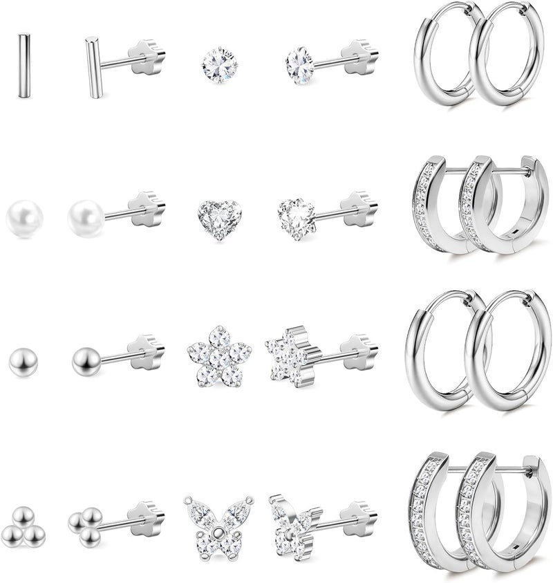 AMASIS Stud Earrings for Women Men, Hypoallergenic Women's 14K Gold Plated 316L Stainless Steel CZ Studs Earrings Simulated Diamond Round Cubic Zirconia Ear Stud Set - Image 1